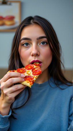 Young woman eating pizza with appetiteの素材