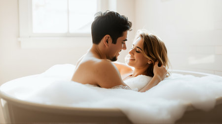 Couple in love hugging while bathing in a bathtub filled with hot water with foamの素材