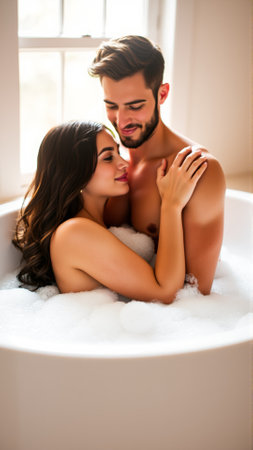 Couple in love hugging while bathing in a bathtub filled with hot water with foamの素材