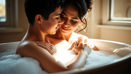 Couple in love hugging while bathing in a bathtub filled with hot water with foamの素材