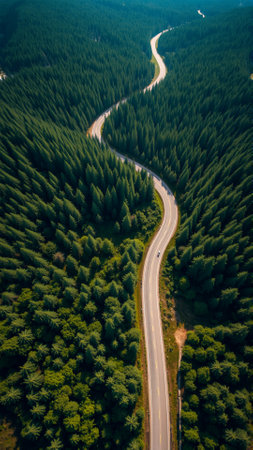 Birds eye view of the forest roadの素材