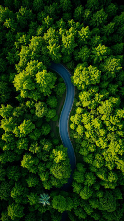 Birds eye view of the forest roadの素材