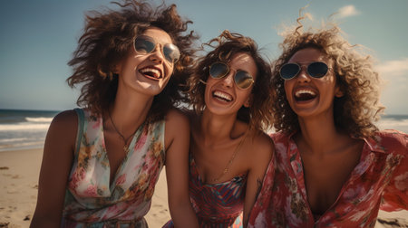 Three beautiful cheerful women are relaxing together on a beautiful sunny dayの素材