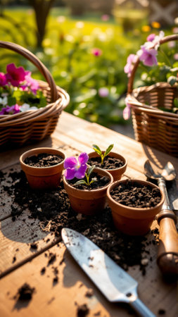 Transplanting flowers into flower pots outdoors in a summer cottage on a sunny dayの素材