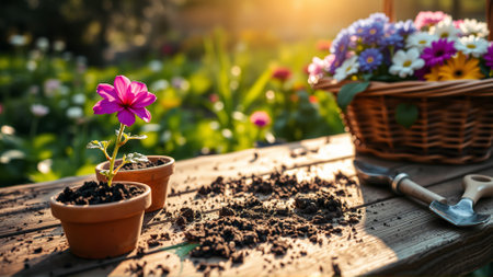 Transplanting flowers into flower pots outdoors in a summer cottage on a sunny dayの素材
