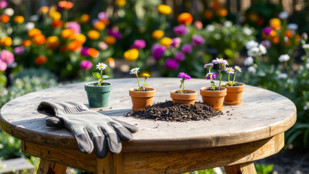 Transplanting flowers into flower pots outdoors in a summer cottage on a sunny dayの素材