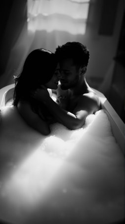 Monochrome image of a bathtub filled with foam. In the bathtub, a woman and a man in love are embracingの素材