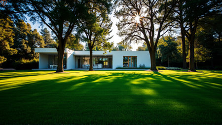 The modern individual residential house is surrounded by a well-groomed beautiful lawnの素材