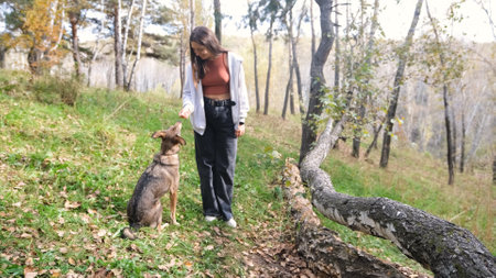 Young woman walking with a dog in an autumn forestの写真素材
