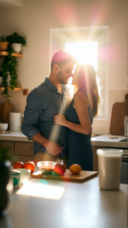 A married couple hugs in the morning in the kitchen. A man and a woman in love hugging each other in the rays of the morning sunの素材