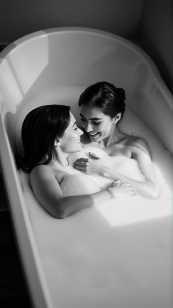 Monochrome image of a bathtub filled with foam. In the bathtub, a woman and a man in love are embracingの素材