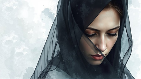 Portrait of a Woman in a Black Mourning Veil on Her Headの素材
