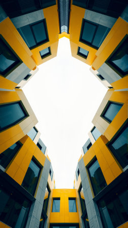 Bottom up view of bright modern yellow apartment buildingsの素材