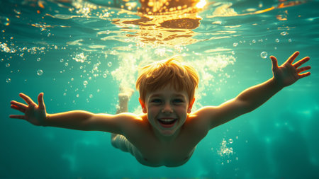Portrait of a boy swimming underwater in a pool. A joyful child looks at the camera.の素材