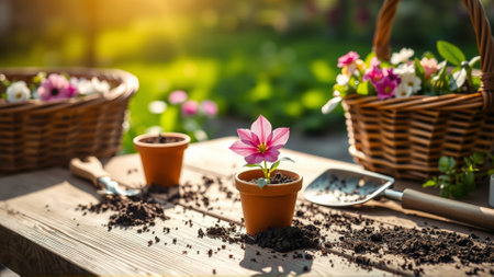 Transplanting flowers into flower pots outdoors in a summer cottage on a sunny dayの素材