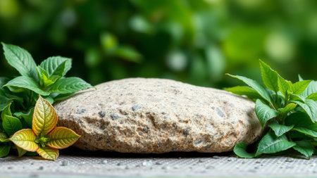 The surface of the stone is surrounded by bright juicy greeneryの素材