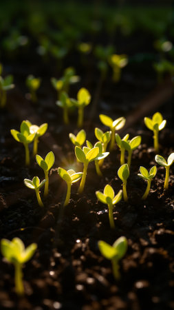 Close-up of new crop sowing. Sprouts are breaking through the soil in the rays of the sunの素材