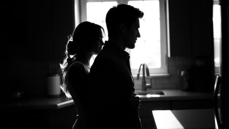 Married couple hugging in the morning in the kitchen. Man and woman in love hugging in the rays of the morning sun. Monochrome image.の素材