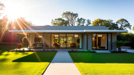 The modern individual residential house is surrounded by a well-groomed beautiful lawnの素材