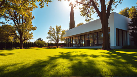 The modern individual residential house is surrounded by a well-groomed beautiful lawnの素材