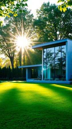 The modern individual residential house is surrounded by a well-groomed beautiful lawnの素材