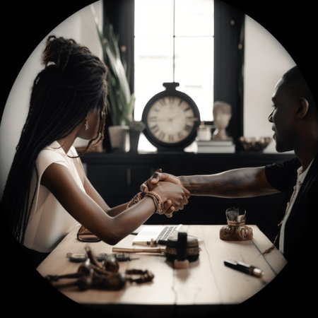 Two women shaking hands during a business meetingの素材