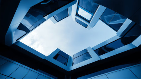 Bottom-up view of a modern building made of glass and concreteの素材