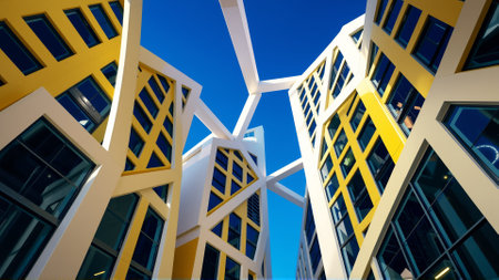 Bottom up view of bright modern yellow apartment buildingsの素材
