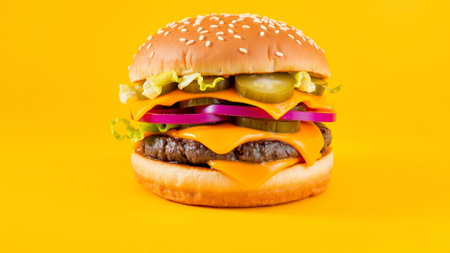 Delicious burger on an isolated yellow backgroundの素材