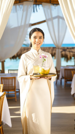 Beautiful Asian woman waiter carrying on tray drinks while working in restaurant.の素材