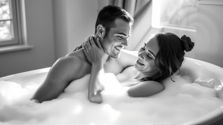 Monochrome image of a bathtub filled with foam. In the bathtub, a woman and a man in love are embracingの素材