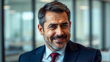 Portrait of middle aged businessman in suit and burgundy tie. Handsome man smiling friendlyの素材
