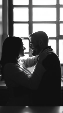 Married couple hugging in the morning in the kitchen. Man and woman in love hugging in the rays of the morning sun. Monochrome image.の素材