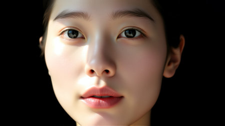 Portrait of beautiful asian woman on isolated dark backgroundの写真素材