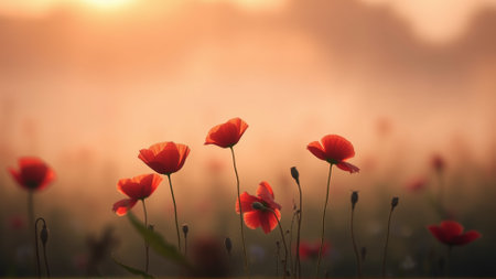 Red poppies growing in the field in summerの素材