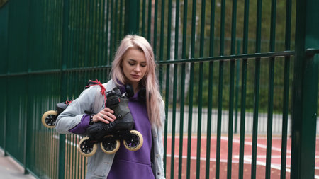 Beautiful blonde woman walking through city park holding roller skates enjoying beautiful day