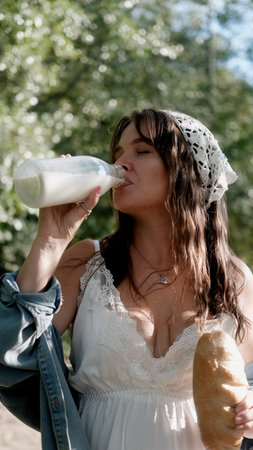 Portrait of a beautiful young woman in the countryside. The woman holds a loaf of bread and a bottle of milk in her hands.の写真素材