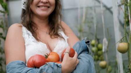 A girl collects organic tomatoes in a greenhouse in the village, is engaged in farming.の写真素材