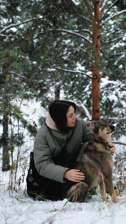 A young woman walks through a winter pine forest with her dogの写真素材