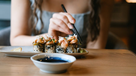 A girl eats Japanese sushi rolls with chopsticks, smiling with pleasureの写真素材