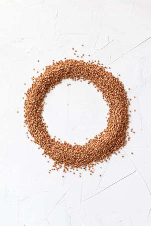Organic buckwheat close up and top view, food backgroundの写真素材
