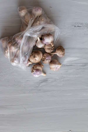 group of garlic isolated on gray textured background. Healthy organic agriculture food.