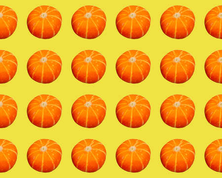 Digital seamless pattern with orange pumpkins on yellow background. Repeating elementsの写真素材