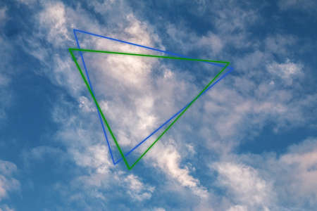 textured cloudy blue sky with abstracted neon glowing shapesの写真素材