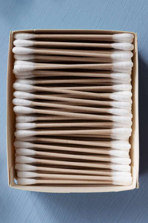 Organic bamboo sticks on blue background, eco-friendly plastic free and zero waste concept. Selective focusの写真素材