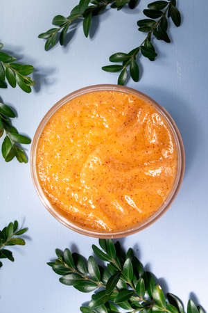 organic exfoliation cosmetic for skin body care, view from aboveの写真素材