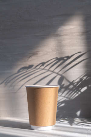 empty paper cup to go against gray concrete background with palm leaf shadow