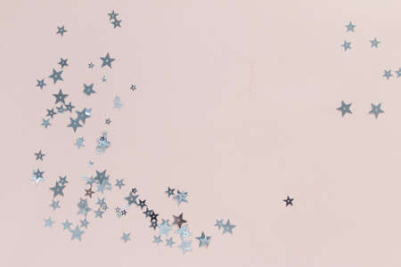 Silver stars on pink background, greeting card template with empty space for text