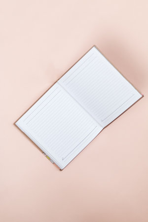 empty notebook on pink background, flat lay view