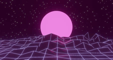 3d render, neon glowing retro wireframe with sun posterの写真素材